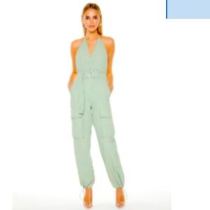Belted Halter Cargo Jumpsuit XL blue mist (green) never worn